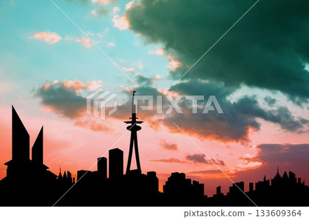 Flat design city skyline is rising against gradient dusk sky with central communications tower 133609364