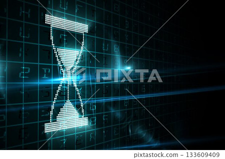 Dot-matrix hourglass is glowing in flat design on dark grid, with blue light beams and flares Dot-matrix hourglass is glowing in flat design on dark grid, with blue light beams and flares 133609409
