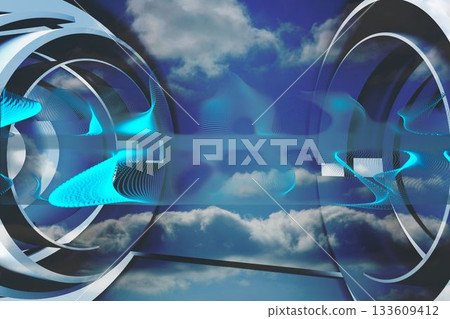 Abstract 3D-rendered rings are forming cylinder in cloudy sky and cyan waveforms are weaving 133609412