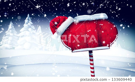 Blank red signboard is standing on candy-cane pole in flat winter design: Santa-hat and snowy trees 133609440