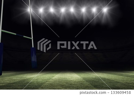 Flat design is showing rugby goal post with padded base standing on grass under stadium floodlights Flat design is showing rugby goal post with padded base standing on grass under stadium floodlights 133609458