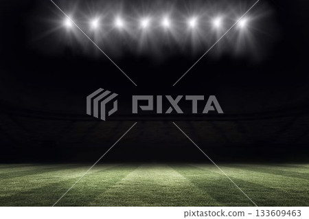 Striped grass field is glowing under eight bright floodlights and spectator stands in flat design 133609463