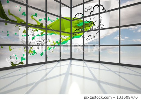 Business papers flying past window 133609470