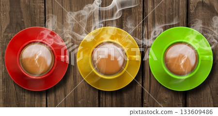 Overhead view of colorful tea cups Overhead view of colorful tea cups 133609486