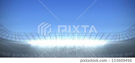 Floodlight array is illuminating curved stadium roof under clear sky in flat design illustration 133609498