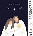 Christmas nativity scene of baby Jesus, Mary and Joseph. Hand drawn stylized bible illustration clipart isolated. Cartoon vector illustration in Scandinavian style. 133609723