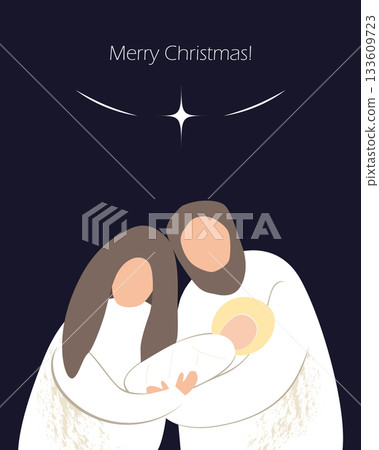 Christmas nativity scene of baby Jesus, Mary and Joseph. Hand drawn stylized bible illustration clipart isolated. Cartoon vector illustration in Scandinavian style. 133609723