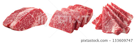 Set of fresh raw meat cuts, thick-cut A5 wagyu beef, isolated on transparent background. Fresh meat for cooking, food preparation, and advertisement. Set of fresh raw meat cuts, thick-cut A5 wagyu beef, isolated on transparent background. Fresh meat for cooking, food preparation, and advertisement. 133609747