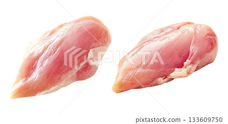 Set of fresh raw meat cuts, chicken breast, isolated on transparent background. Fresh meat for cooking, food preparation, and advertisement. 133609750