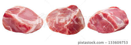 Set of fresh raw meat cuts, pork hip block, isolated on transparent background. Fresh meat for cooking, food preparation, and advertisement. 133609753