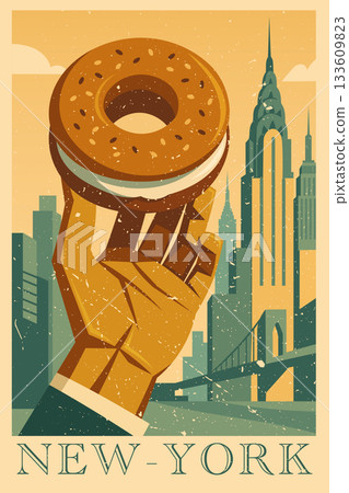 Midcentury poster of a raised hand holding a classic New York bagel 133609823