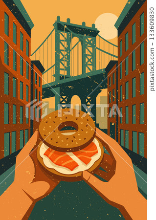 Vintage New York street view with hands holding a classic salmon bagel Vintage New York street view with hands holding a classic salmon bagel 133609830