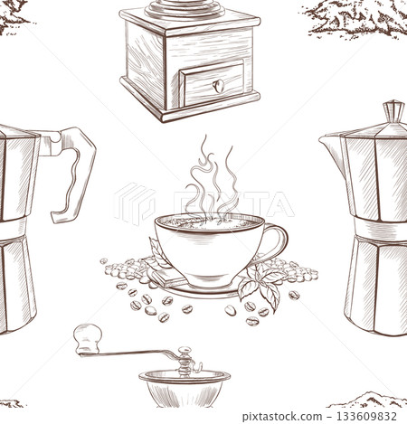 Seamless pattern for coffee shop geyser coffee maker,handmade wood coffee grinder for crushing ccoffee beans,handful of ground coffee,cup of hot coffee on saucer with mint leaves and chocolate bar 133609832