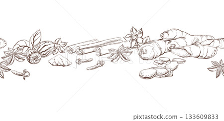 Seamless border of spices for mulled wine, tea, coffee additives for aromatherapy and health. Hand drawn graphic illustration i vector outline for packing tape in coffee shop or spice shop Seamless border of spices for mulled wine, tea, coffee additives for aromatherapy and health. Hand drawn graphic illustration i vector outline for packing tape in coffee shop or spice shop 133609833