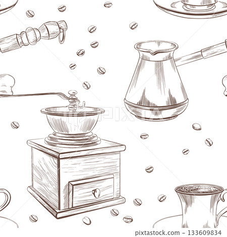 Eastern classic coffee pot and small coffee cup on a saucer with anise, cloves, and ginger as a symbol of oriental ceremonies,hospitality.Vector minimalistic line art for menu design,packaging Eastern classic coffee pot and small coffee cup on a saucer with anise, cloves, and ginger as a symbol of oriental ceremonies,hospitality.Vector minimalistic line art for menu design,packaging 133609834
