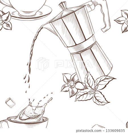 Coffee shop seamless pattern of metal geyser coffee maker with a stream of hot aromatic coffee with mint leaves and vanilla flower,coffee cup with splashing liquid as a sugar cube drops inside 133609835
