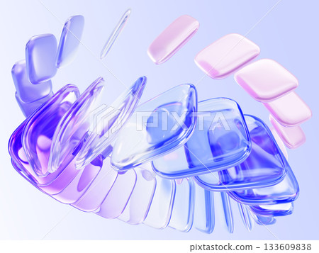 3d glass square shapes flying - transparent purple and blue cube blocks, pink plastic plates with circular motion effect. Abstract layer pattern, modern wallpaper, tech background. 3D illustration 133609838