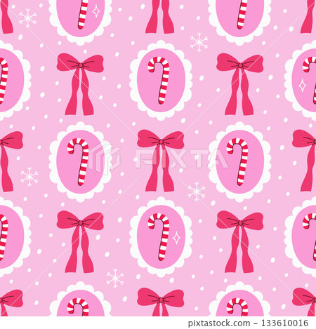 Seamless pattern with lollipop canes and bows. Vector graphics. Seamless pattern with lollipop canes and bows. Vector graphics. 133610016