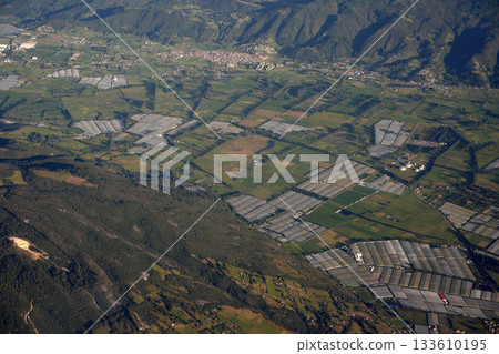 greenhouses near bogota aerial view from airplane window at sunset greenhouses near bogota aerial view from airplane window at sunset 133610195