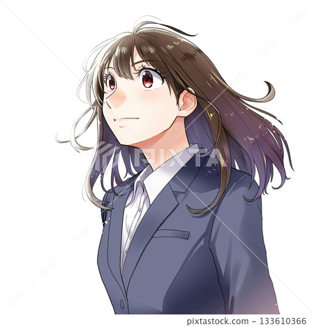 一位正在求職的女學生/OL抬頭仰望的插圖[藏藍色套裝，無背景] 133610366