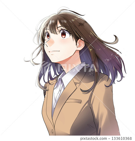 一位正在求職的女學生/OL抬頭仰望的插圖[赭色套裝，無背景] 133610368
