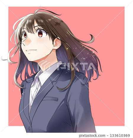 Illustration of a female job-hunting student/OL looking up [navy blue suit, pink background] 133610369