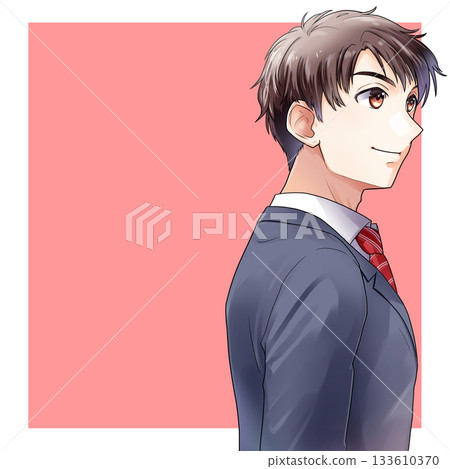 Illustration of a male student, job seeker, or working man facing right, diagonally from behind [Pink frame with space] 133610370