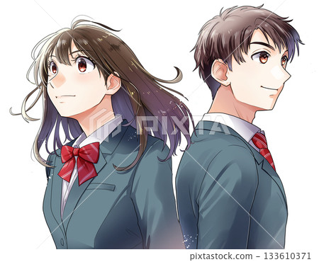 身穿綠色制服外套的男女學生背靠背站立的插圖[無背景] 133610371