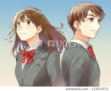 插圖描繪了男女學生背靠背站在淡黃色日出或日落背景下的情景。 133610373