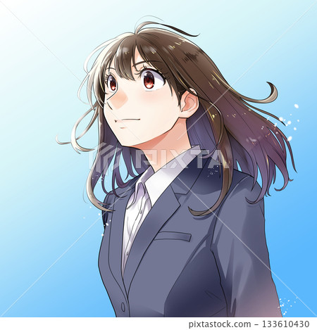 圖：一位正在求職的女學生/OL，仰望著湛藍的天空（穿著藏藍色西裝）。 133610430