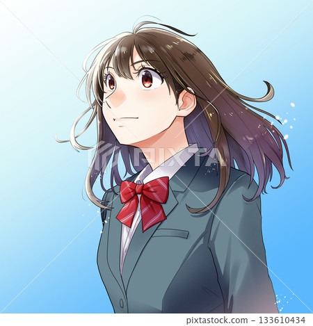 Illustration of a female student looking up against a clear blue sky background [green blazer, ribbon] 133610434