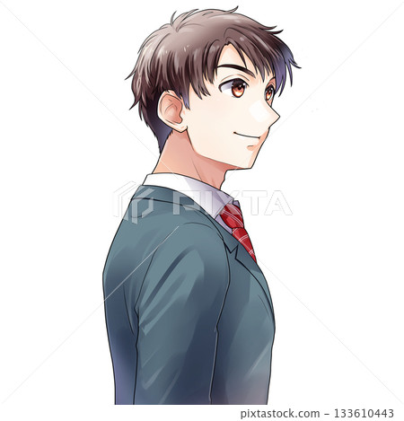 圖：一名男性學生、求職者或上班族，面向右側，從後方斜對角拍攝（綠色夾克，無背景） 133610443