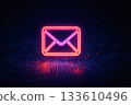 Neon glowing email icon and digital circuit board background 133610496