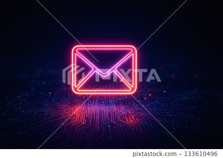 Neon glowing email icon and digital circuit board background 133610496