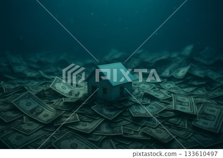 Survival finance concept of a house buried underwater in banknotes 133610497