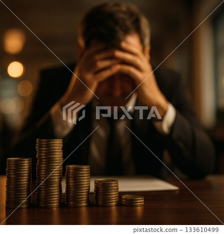 Financial stress of a businessman holding his head in front of coins 133610499