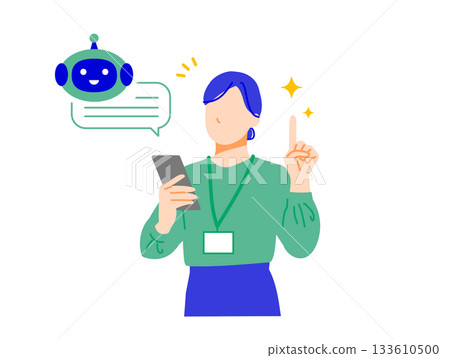 Illustration of a businesswoman working in a company solving problems using artificial intelligence on her smartphone. Flat design 133610500