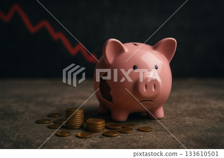 破損的存錢筒與經濟衰退曲線圖 133610501