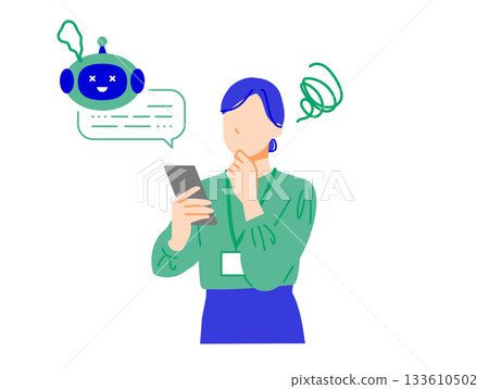 在公司工作的女商人，因智慧型手機人工智慧故障而神情憂慮。扁平化設計 133610502