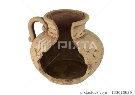 A rustic and aged clay jug with a distinctively broken and open design A rustic and aged clay jug with a distinctively broken and open design 133610629