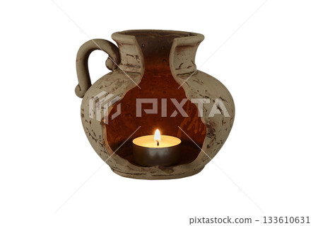 A beautifully rustic ceramic lantern with an open, broken-jug design A beautifully rustic ceramic lantern with an open, broken-jug design 133610631