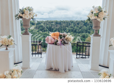 Wedding Table with Bouquets on Terrace in Latvia 133610696