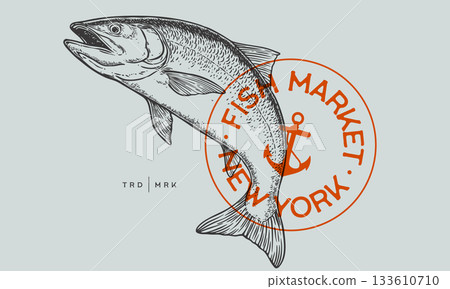 Salmon fish seafood, label. Vintage retro print, seafood salmon fish sketch, logo sign tag label template, pencil style drawing, engrave old school. Hand drawn sketch salmon fish. Vector Illustration 133610710