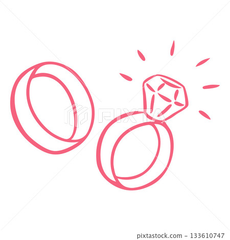 Two wedding rings with a gemstone, hand-drawn, pink, doodle sketch. 133610747