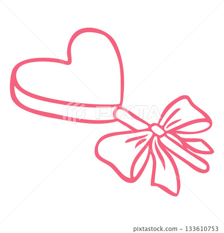 Candy lollipop in heart shape on stick decorated with ribbon bow line art, vector pink hand drawn romantic festive treat Candy lollipop in heart shape on stick decorated with ribbon bow line art, vector pink hand drawn romantic festive treat 133610753