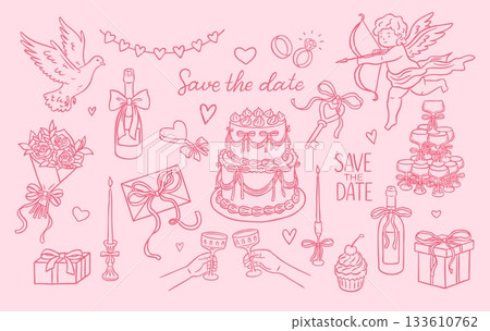 Wedding collection line art vector set, pink doodle Cupid, cake, champagne, flowers, dove, candles, marriage decoration 133610762