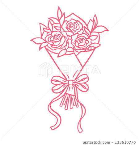 Rose flowers wrapped bouquet with leaves decorated with ribbon bow vector line art, pink doodle blossom beautiful plan Rose flowers wrapped bouquet with leaves decorated with ribbon bow vector line art, pink doodle blossom beautiful plan 133610770