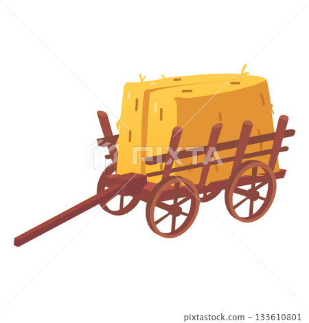 Wooden cart with hay flat vector icon, cartoon...-插圖素材 [133610801 ...