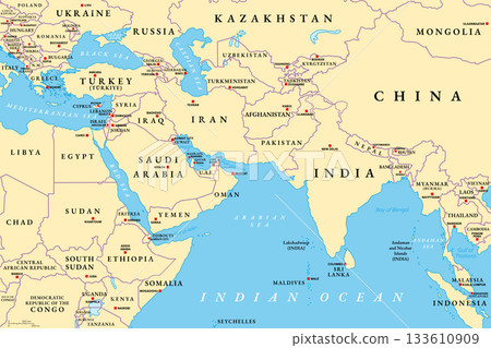 West Asia and South Asia, political map with countries, their international borders and capitals. Western or Southwest Asia, with the Middle East, and South Asia, with the Indian subcontinent. Vector 133610909