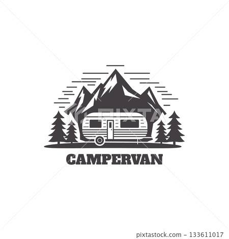 Isolated mobile house logo. Campervan trailer icon. Family van for country living. Vintage portable wagon logotype Isolated mobile house logo. Campervan trailer icon. Family van for country living. Vintage portable wagon logotype 133611017